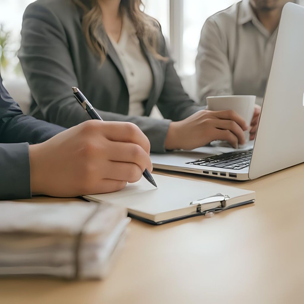 Two business professionals discussing strategy at a modern desk with a notebook, laptop, and coffee — no faces shown.